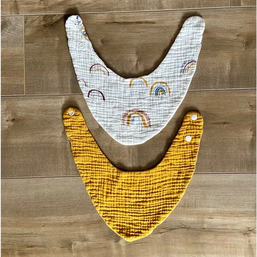 Set of 2 Double Gauze Bandana Bibs in Mustard and Neutral Rainbow Print